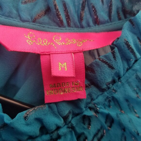Lilly Pulitzer Caline Blouse Women M Teal Bay Silk Swirl Clip Silver Puff Sleeve - Picture 10 of 16